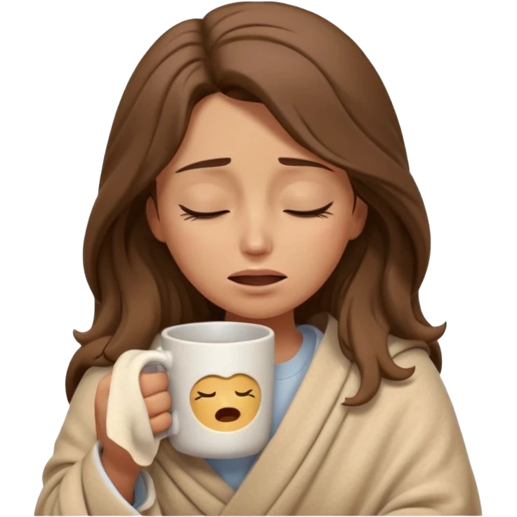 emoji-style illustration of a crying relaxed woman with long wavy brown hair, wrapped in a cozy beige blanket, holding a mug cup, eyes closed, sad and a bit anxious expression, soft 3D cartoon rendering, warm and comforting mood, plain background
 emoji