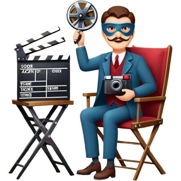 Icon for Acting: a theatrical mask, stage lights, a director’s chair, a script, a movie camera and a clapperboard, representing the craft of acting in theater and film. Famous actor-star. The design should reflect creativity, performance, and storytelling. Transparent background. emoji