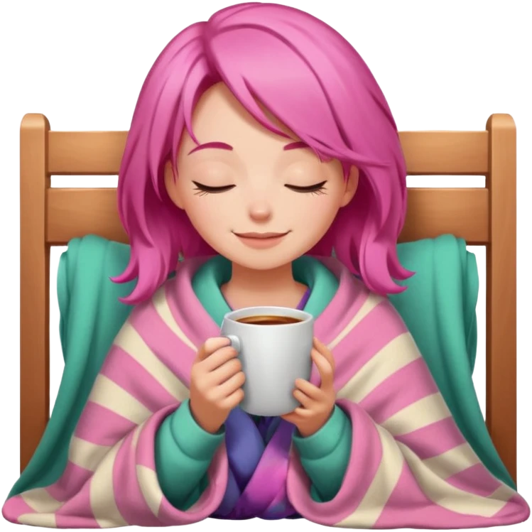 girl inside a blanket sipping coffee eyes closed pink hair emoji