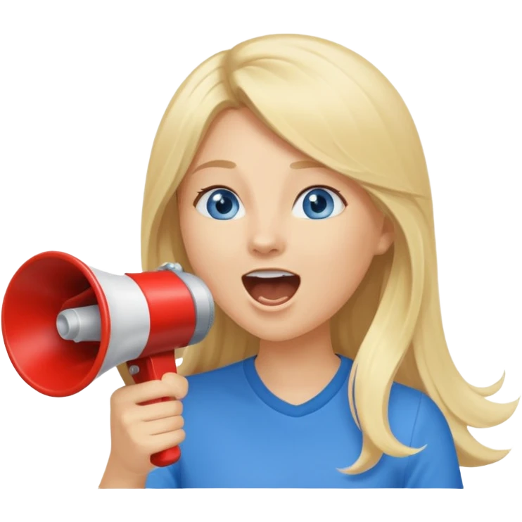  blue eyes blonde girl yelling into megaphone smiling long hair emoji