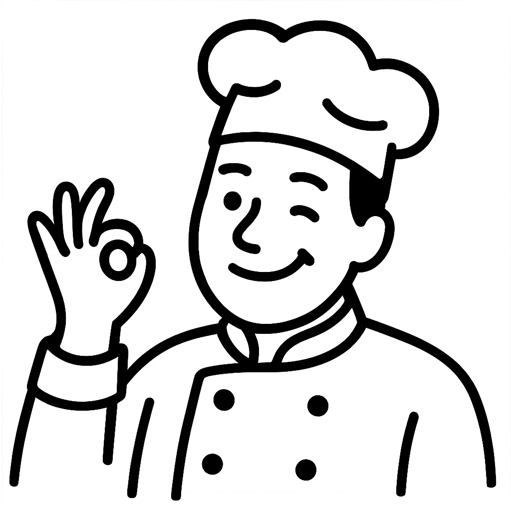 A chef character with a playful smile, wearing a chef's hat, and looking pleased with their creation emoji