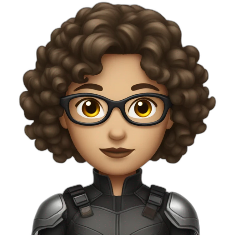 a girl dressed as a brunette avenger with long curly hair with glasses emoji