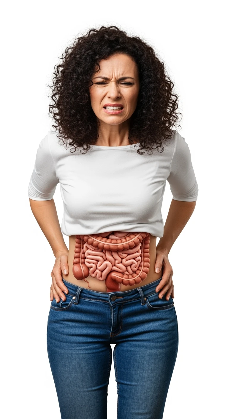 donna a figura intera con intestino umano realistico in 3d in evidenza dolorante, espressione di dolore in volto, sfondo bianco, non farla computerizzata, ma iperrealistica 4k, sfondo bianco emoji