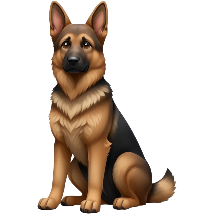 cinematic-[german shepherd]-realistic-full-body-sitting-emoji,-tail-resting-loosely-beside-its-paws,-head-tilted-dramatically,-sleek-[brown and black]-fur,-simplified-yet-realistic-focused-features,-highly-detailed,-glowing-with-an-almost-sarcastic-glow emoji
