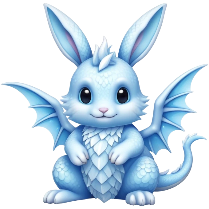 A cute bunny-dragon hybrid creature with ice crystals, rabbit ears, dragon wings and tail made of ice emoji