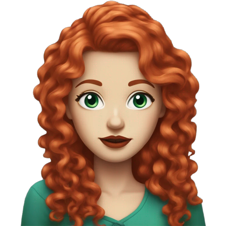 straight long curly red hair, tomato red lipstick, blue-green bright eyes, white skin and a very small sharp nose emoji