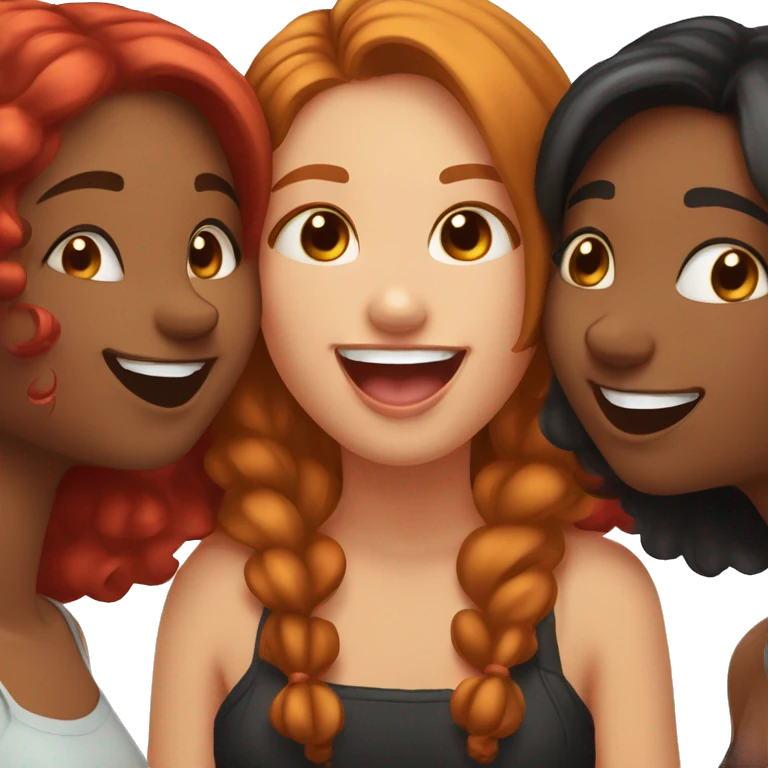 3 girls: one honey brown, black and red hair one making a kissy face, one giving a playful cheek kiss, and one smiling widely. Show a fun, happy vibe of friendship emoji