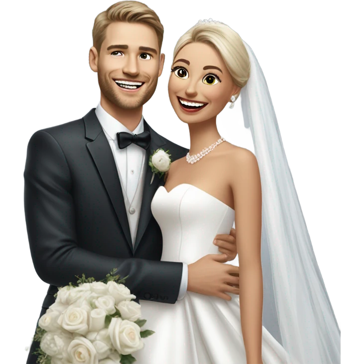 Hyper Realistic beautiful dior bride laughing with a handsome male model groom
 emoji