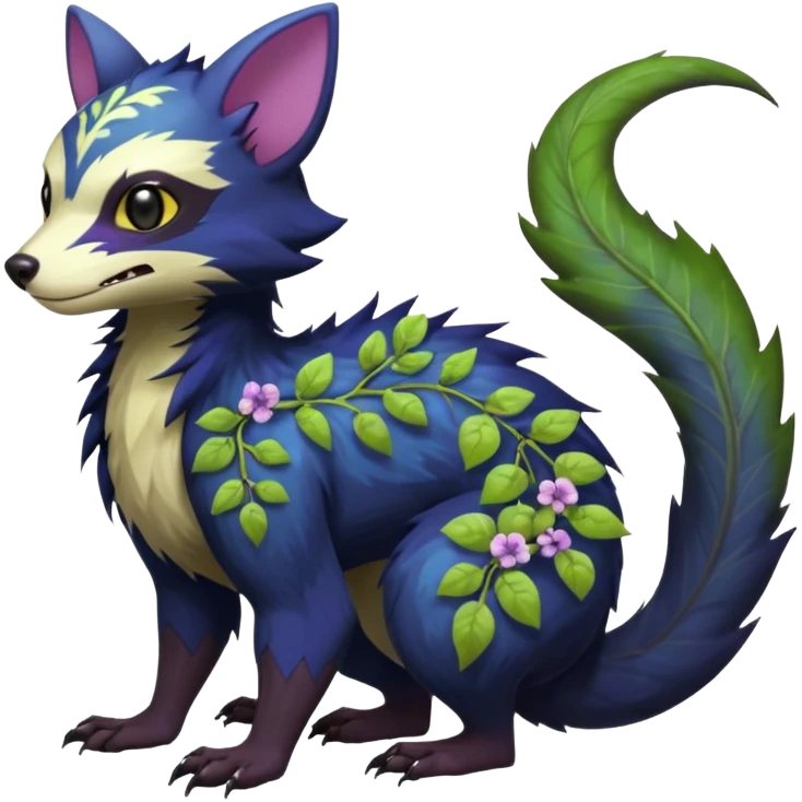 Realistic Sharp swampy realistic mossy grassy elemental ivy floral detailed Colorful translucent luminescent glowing Trico-Noibat-batty-Sergal-Furret-Ferret-Wolverine-Vernid-furry-fursona-fusion-Fakemon-animal-hybrid-creature, full body emoji