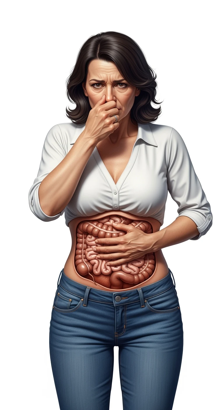 DONNA CHE SI TIENE LA PANCIA CON LA MANO E SI TAPPA IL NASO PER LA PUZZA, INTESTINO UMANO ANATOMICO IN EVIDENZA, ISOLATA SU SFONDO BIANCO emoji