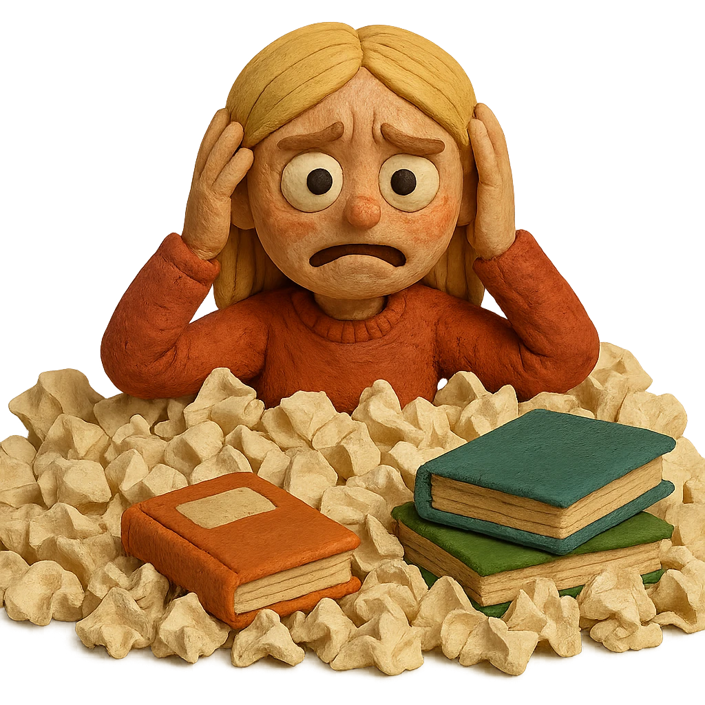 claymation style blonde straight-haired girl in survival mode, surrounded by crumpled papers and books, last month of school emoji
