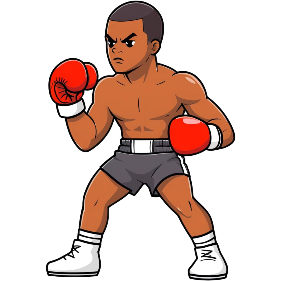Full body view of a young 19-year-old lightweight Black male boxer in fighting stance, lean athletic physique, boxing gloves raised emoji