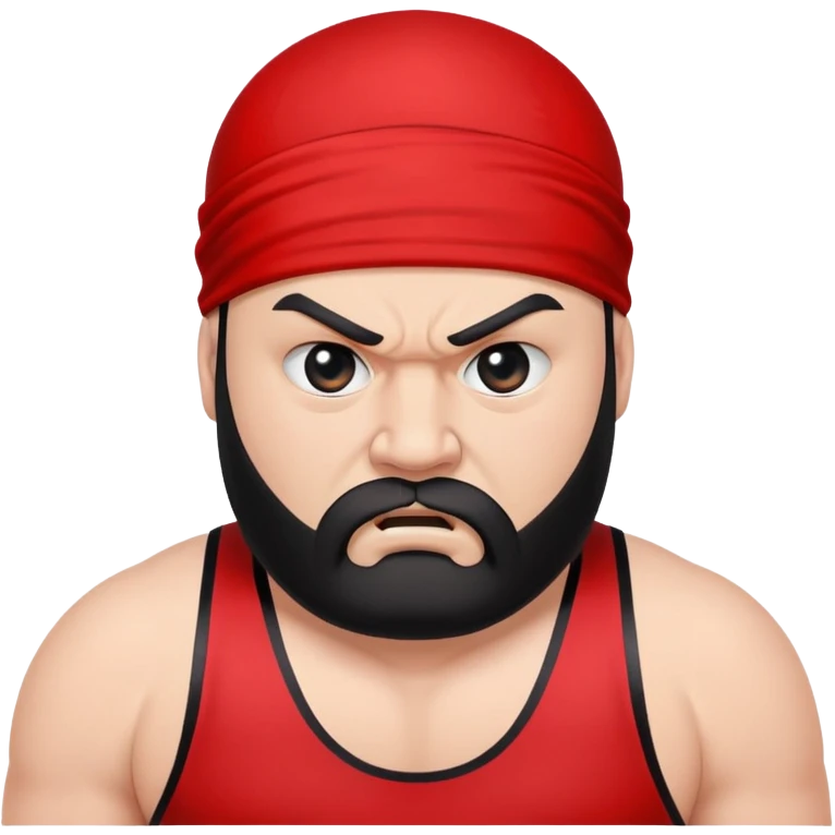 White skin fat guy with prominent black durag, black beard, black eyes in a red and black wrestling singlet with angry face emoji