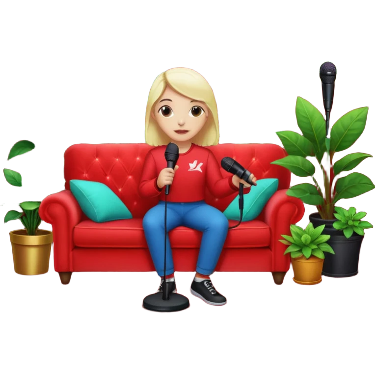 red velvet couch, stand microphone, houseplants, neon sign "karaoke" emoji