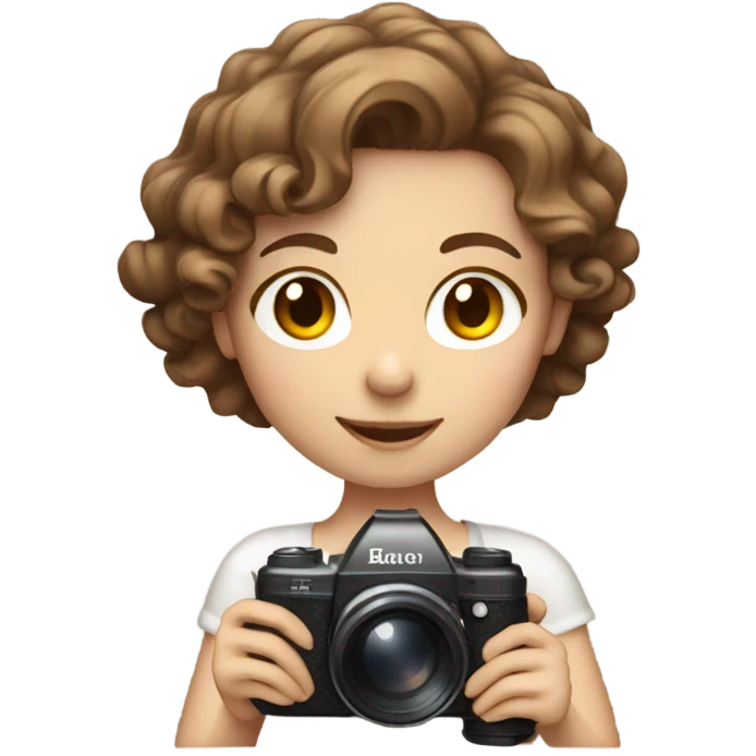 Girl with fair skin and shoulder length, brown, curly hair holding a camera while blushing emoji
