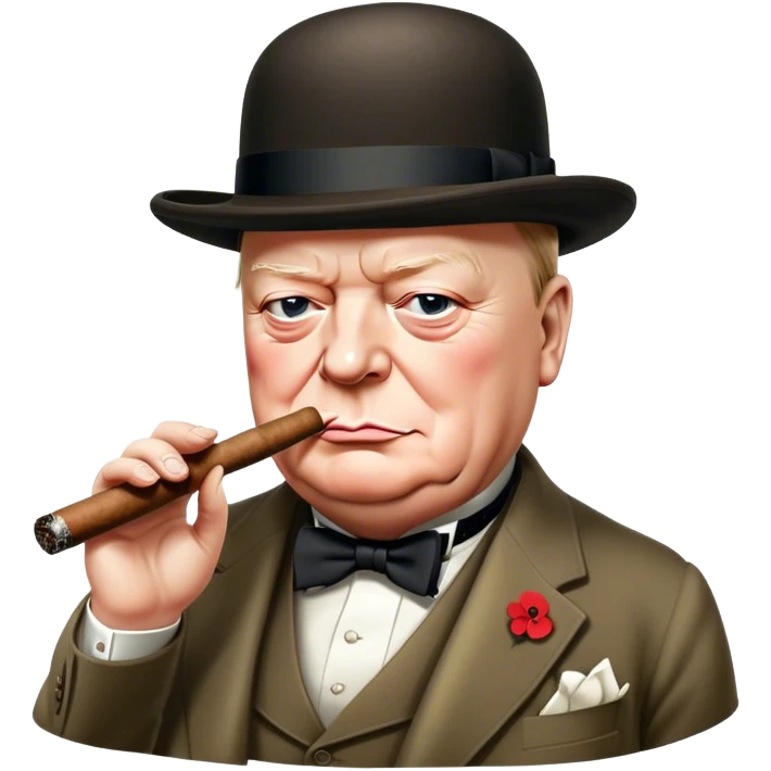 Cinematic Realistic Winston Churchill Portrait Emoji, depicted as a resolute British statesman with a signature bowler hat and a cigar, exuding determined leadership and wartime valor, rendered with lifelike textures and dramatic vintage lighting that captures his iconic British spirit. emoji