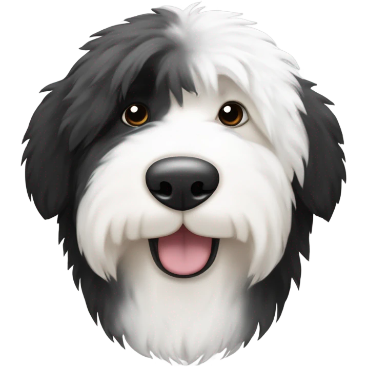 Old English sheepdog with a half and half face like a black and white cookie emoji