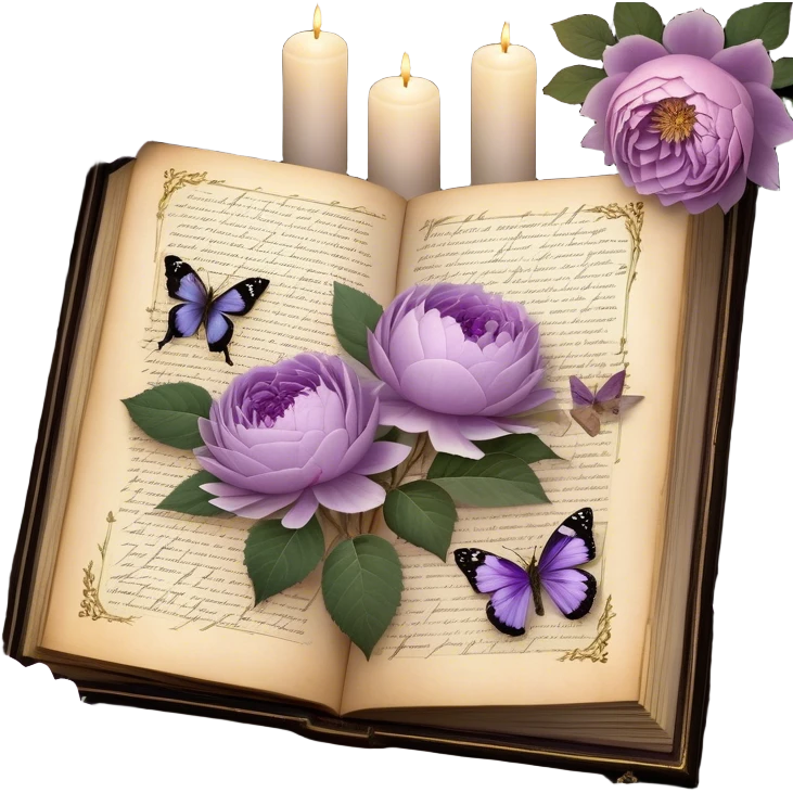An antique botanical journal with golden-edged pages, filled with meticulously pressed lilac roses, ice violet peonies, and amethyst dahlias, lies open beneath the soft glow of candlelight, its delicate illustrations and handwritten notes whispering stories of forgotten gardens as a pearl butterfly gently perches on its weathered cover. emoji