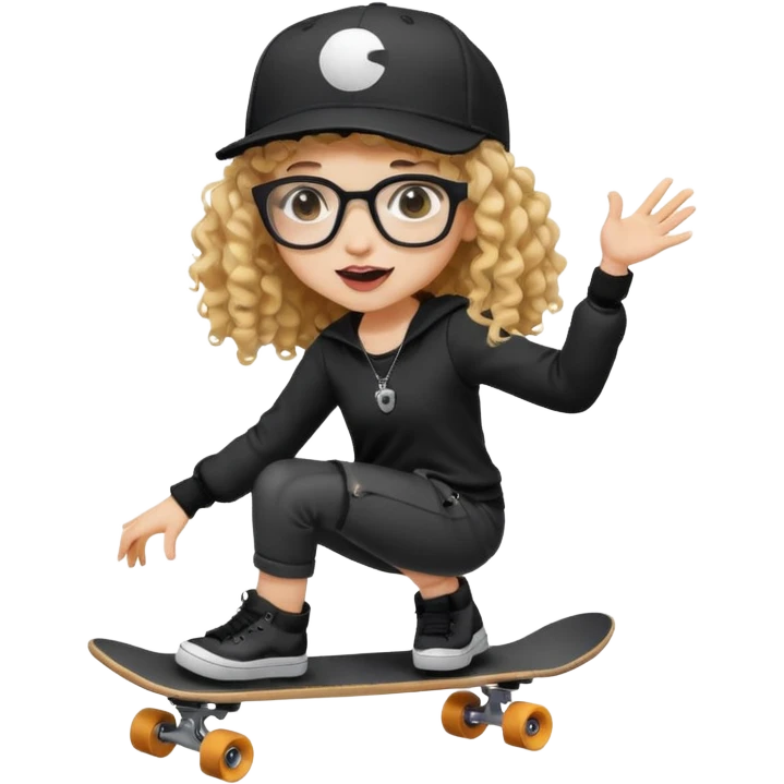 ["An excited girl with light skin, curly hair, wearing a baseball cap and square glasses, dressed in goth fashion, is skateboarding while holding a camera."] emoji