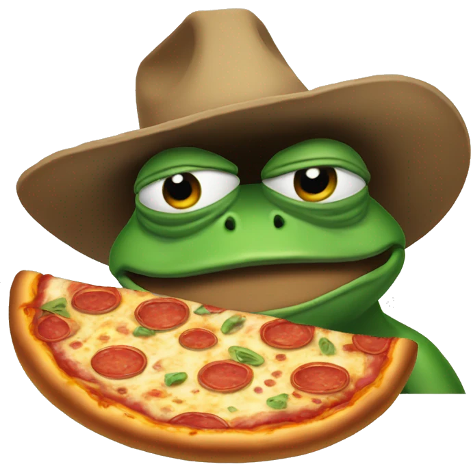 Pepe the frog eating pizza with a cowboy hat emoji