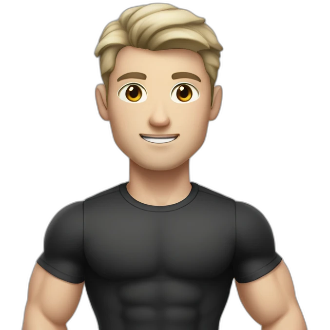 Pale skinned Fit Man With the biceps and dark brown hair in black shirt, gray sports shorts and white Sneakers emoji