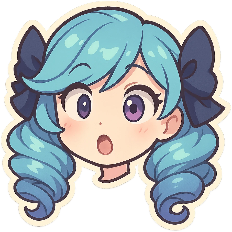 Gwen from League of Legends, chibi style, just the head, right eye purple, surprised expression emoji