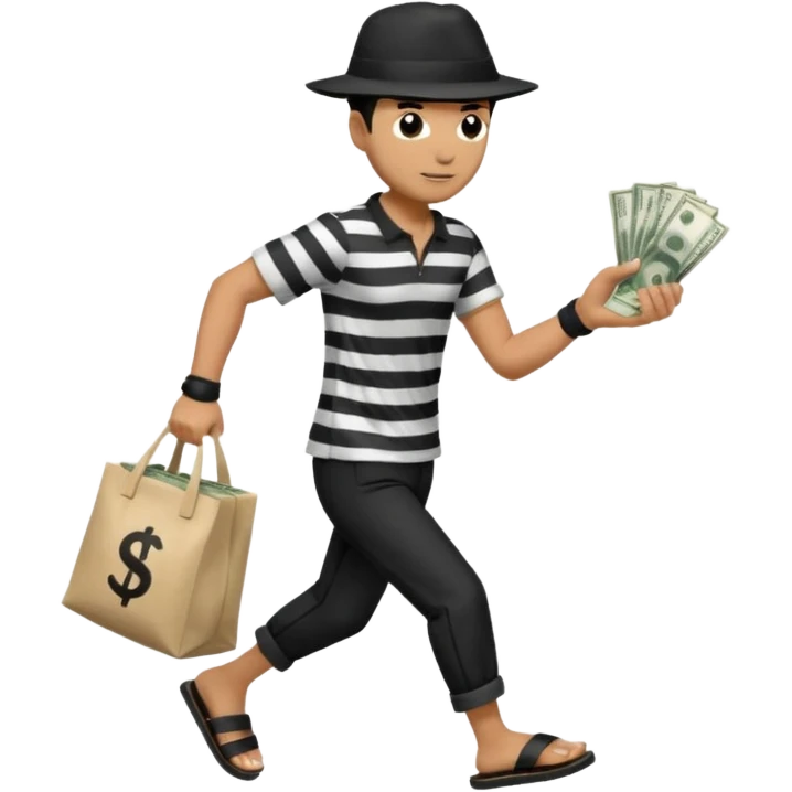 Make a man wear a black pant and he shirt is balck line and white line and wear a black hat and he holding a money bag and he running he wear a black eye thing no money in the Left hand and he yellow and the money bag in the right he wear a flip flop like this is Money bag 💰 NO MONEY emoji