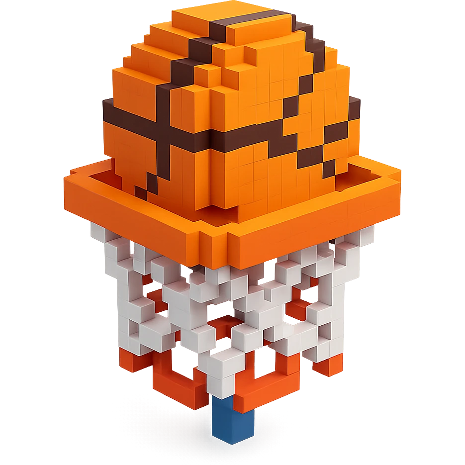 A voxel-style basketball in a net, no background. emoji
