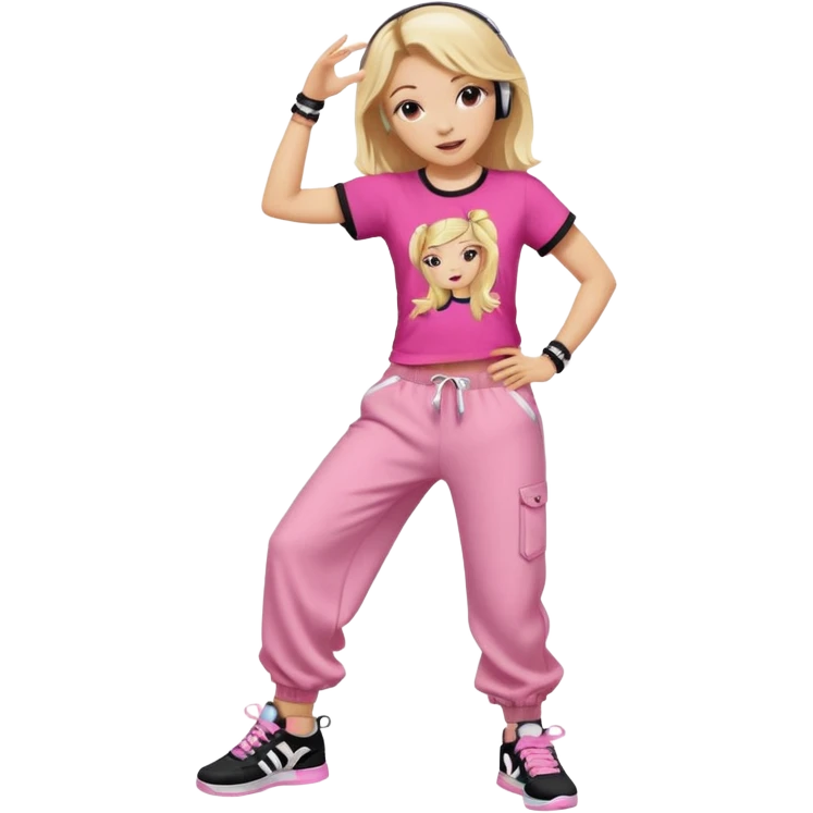 Hiphop dancer, with cute big pants, sneakers, and t-shirt. White girl blond. Coloufull shirt. No pocket pants. Dancing. No orange. Pink and black. No sweatband on the wrist, music box behind her emoji