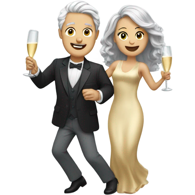 a boy with gray hair and a woman with long blond wavy hair dancing with a glass of champagne emoji