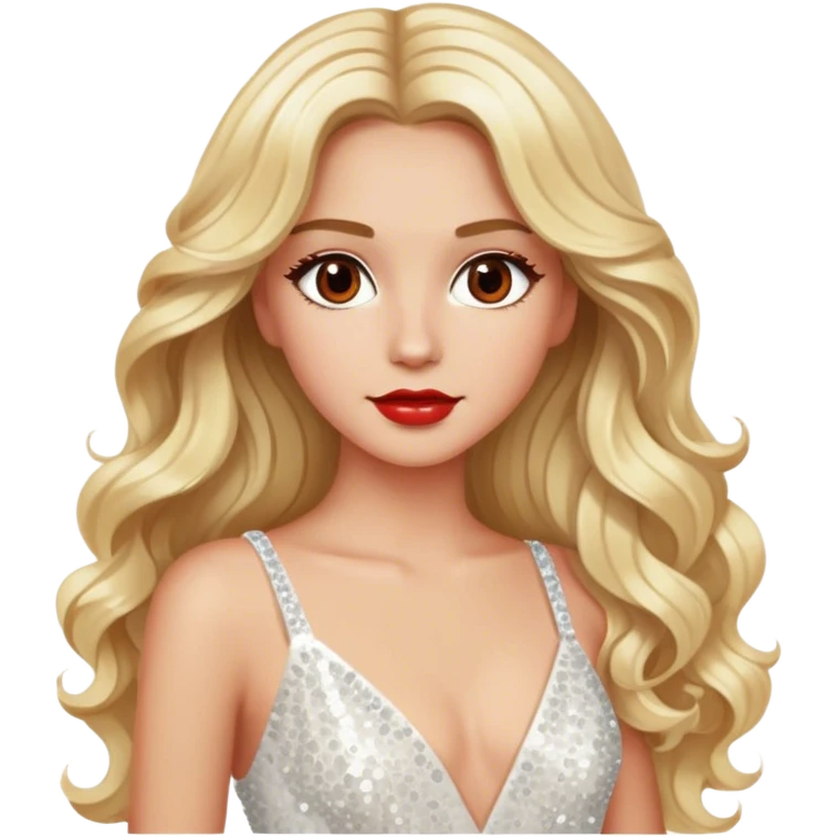 blonde model, brown eyes, long wavy hair, red carpet glam, white sequin gown emoji