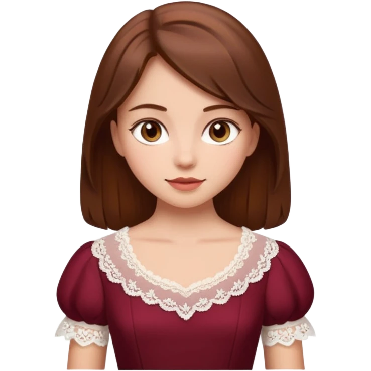 Bordo elbise giyen ama beyaz danteller olan çok guzel kahverengi saçlı bir kız resimi emoji
