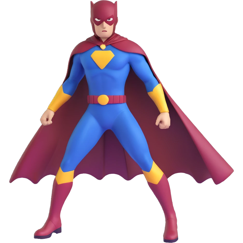 superhero in dark blue and maroon bodysuit with gold accents, digital cape, maroon boots, dynamic stance emoji