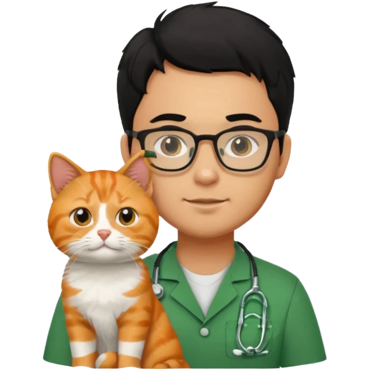 Veterinario hombre trigueño con lentes, con cabello negro, y con uniforme veterinario color verde cargando un gato naranja emoji