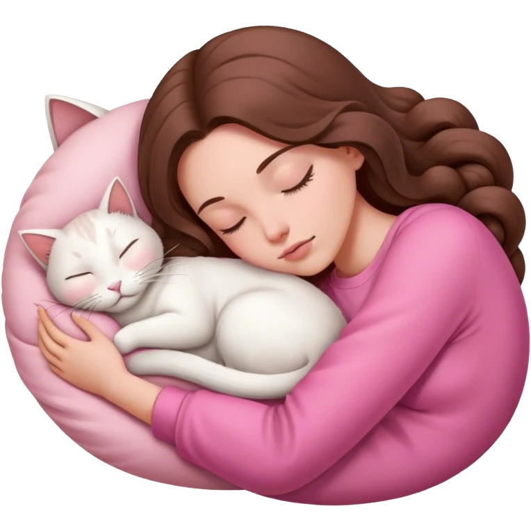 A pretty white girl with very long brown hair and pink clothing sleeping curled up to a white cat  emoji