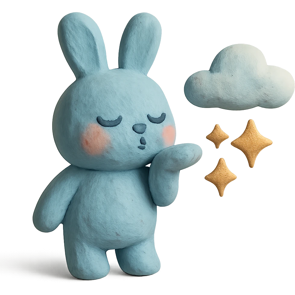 pastel blue bunny with cloud, blowing a kiss with sparkles, claymation style emoji