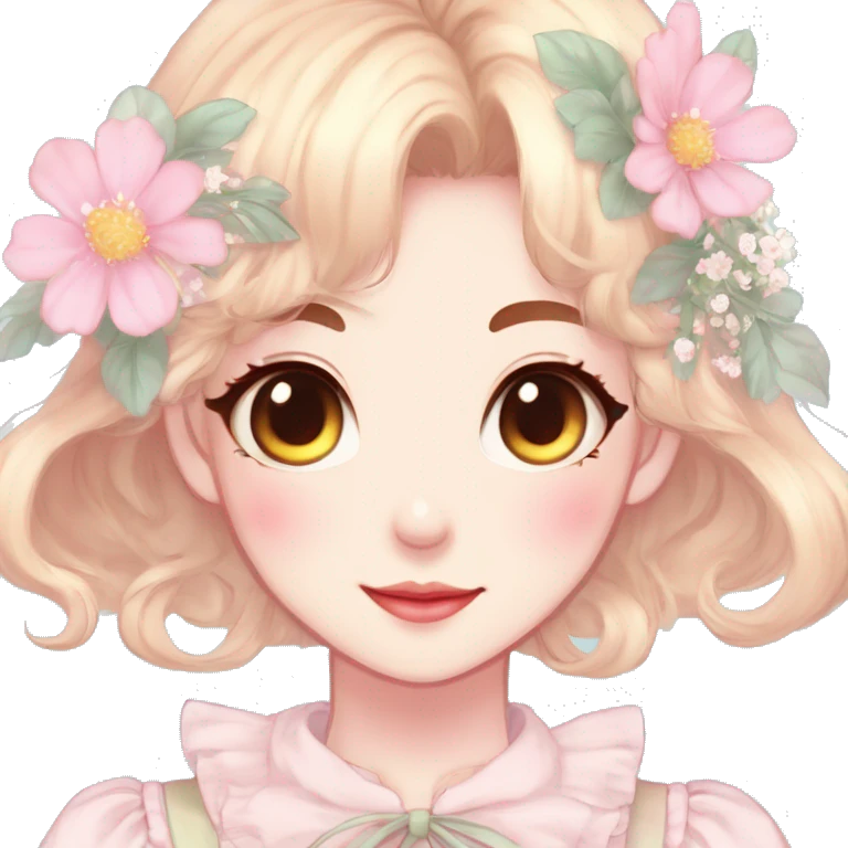 Gorgeous pastel anime style lady with blushing face and flowers cottagecore fairycore pastelcore colorful pearly romantic simplistic aesthetic trending style emoji