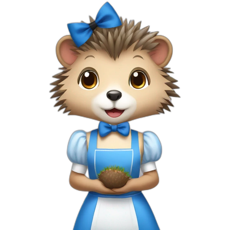 Hedgehog wearing a blue maid dress with a black bow and apron emoji