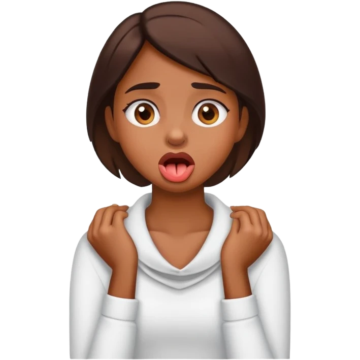 a girl with her hands on her neck like she is choking her self with one eye twitching and he tongue  is out with brown skin emoji