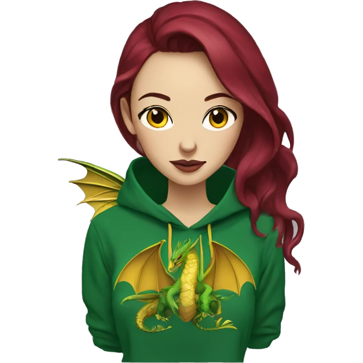 420 Lady with brunette and blue hair, hemp, gold, green dragon wings, maroon hoodie, 420, black and gold Nike t shirt, and bright red eyes emoji