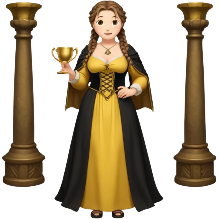 Helga Hufflepuff,brown-haired,2 braids,yellow-black medieval open dress,deep neckline,fat macromastia,black cloak decorated with gold braiding,gold cup with two handles,very kind smile,curvy busty sweet woman,round rosy cheeks,full length with medieval shoes emoji
