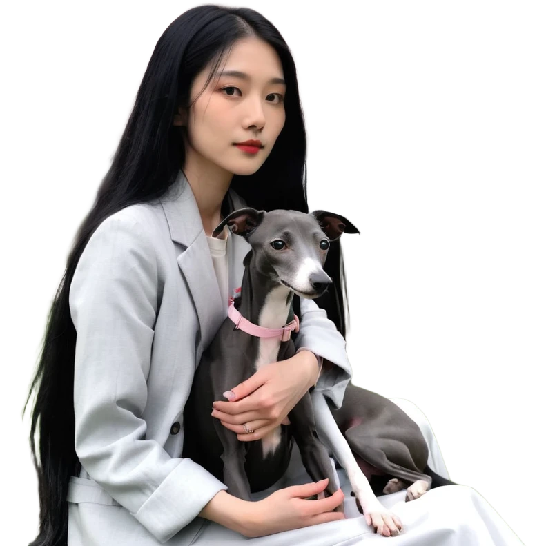 A very beautiful and attractive 25-year-old Chinese woman with long flowing black hair and a pure solid dark grey Italian Greyhound with ABSOLUTELY NO white markings anywhere on its body sitting under a cherry blossom tree. The dog must be completely solid dark grey with no white on chest, no white on muzzle, no white on paws - entirely one solid dark grey color. emoji