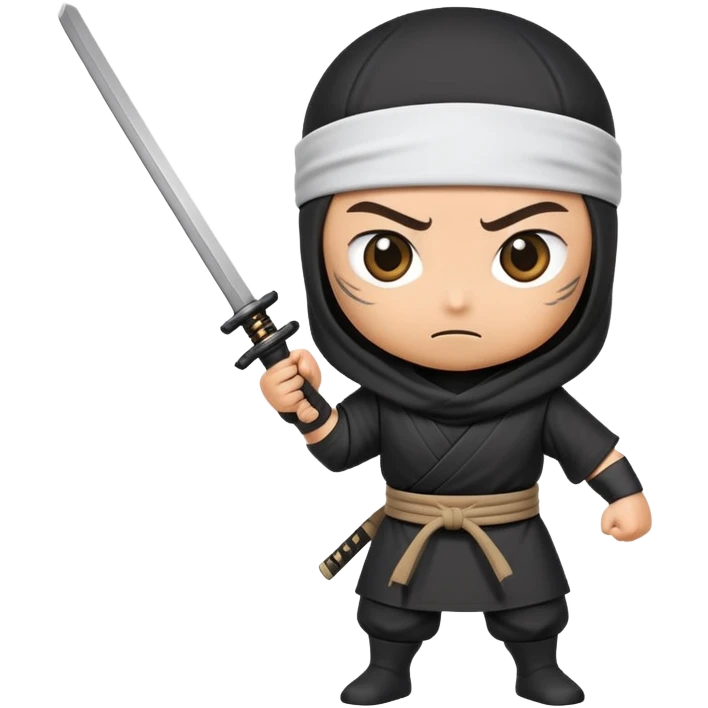 A takeout coffee cup with cartoon eyes, a ninja headband around its lid, and holding a katana in a battle stance emoji