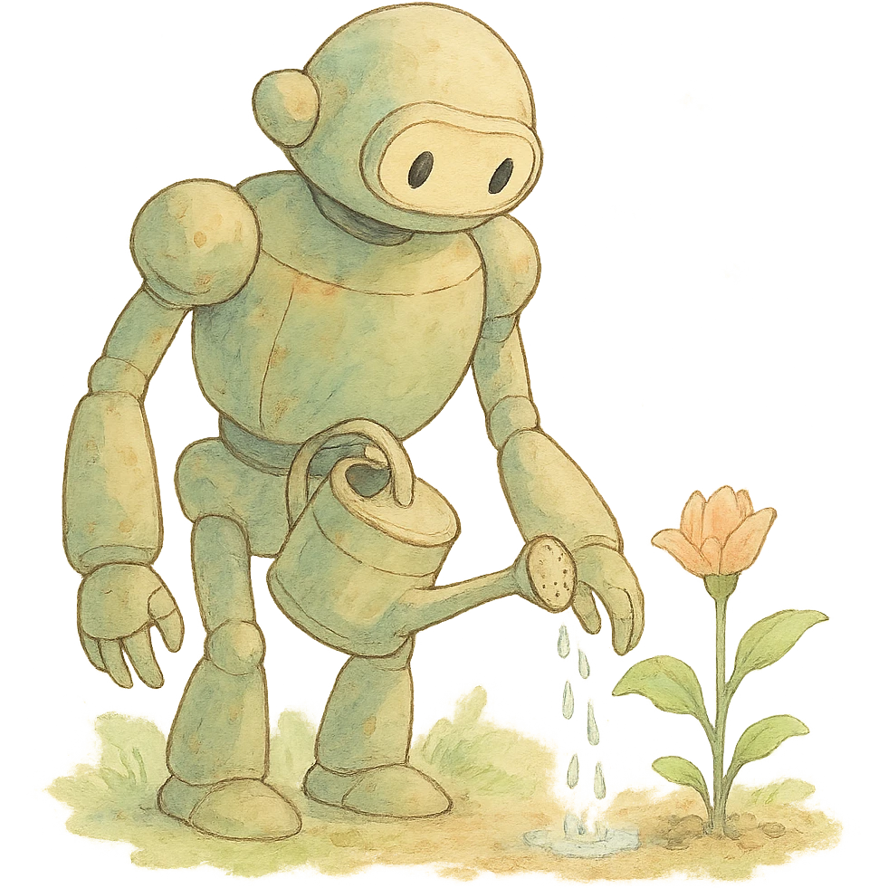 robot watering a plant, ghibli style emoji