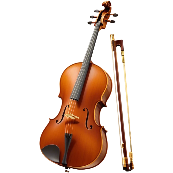 Create an elegant and refined emoji representing the Cremona cello with a Hans Klein HKCB bow. The design should feature the curved wooden body of the cello with a rich, glossy finish, capturing its classical shape and intricate details. The bow should be displayed with fine craftsmanship, highlighting the hair and the smooth, polished wooden stick. Include subtle musical notes floating around the instrument to emphasize its rich, melodic sound. Use deep wood tones like chestnut brown, gold accents for the fittings, and soft lighting effects to give the instrument a timeless, professional feel. The background should be transparent. emoji