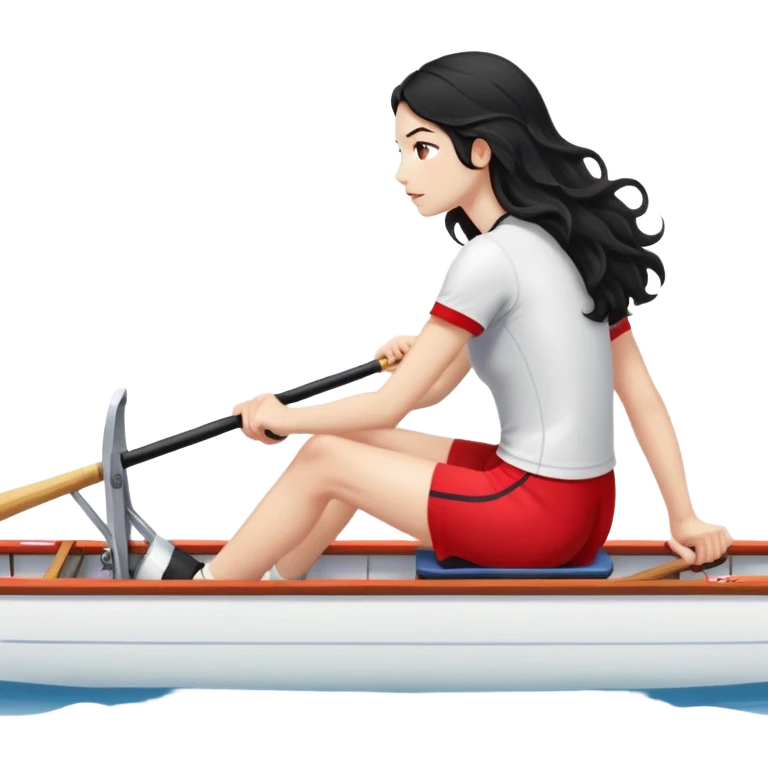 girl with long black wavy hair, white skin, wearing red shorts and white short-sleeve t-shirt, sitting in a long and thin racing boat suitable for Olympic rowing, rowing, boat and girl facing right in profile emoji
