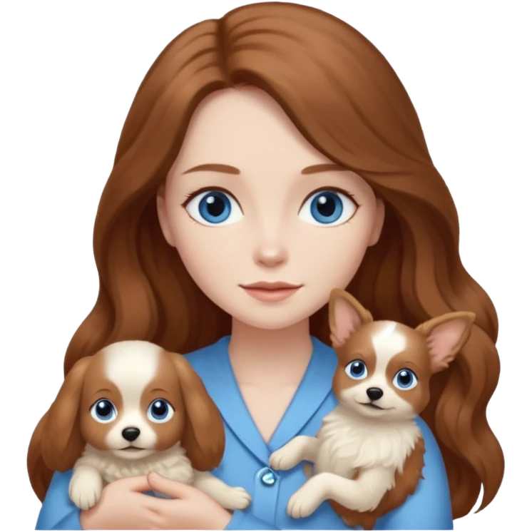 long hair chestnut color blue eyes woman holding small ivory dog emoji