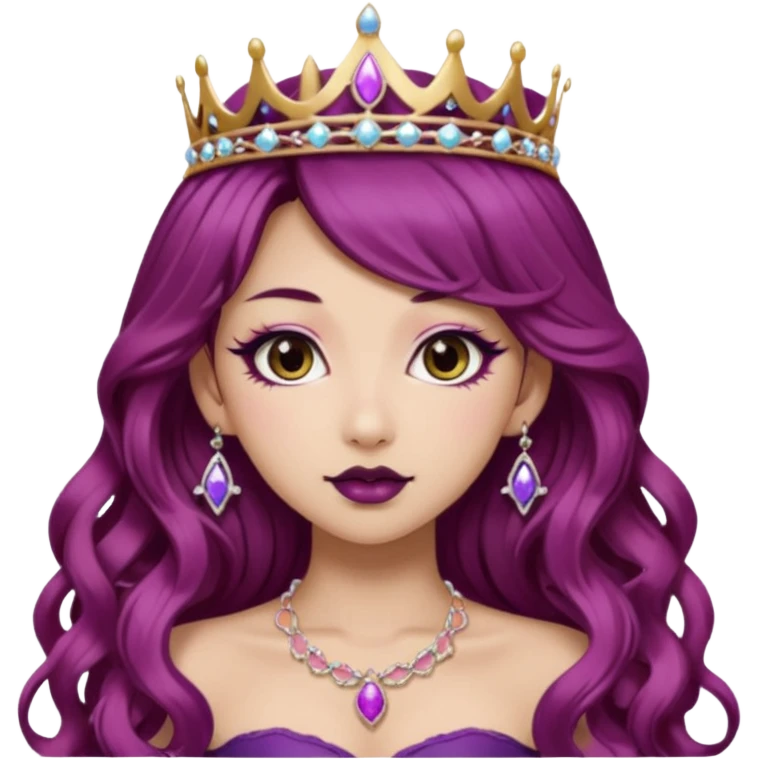 hime gyaru girl with long wavy plum color hair, tiara princess tattoo, dark lipstick emoji