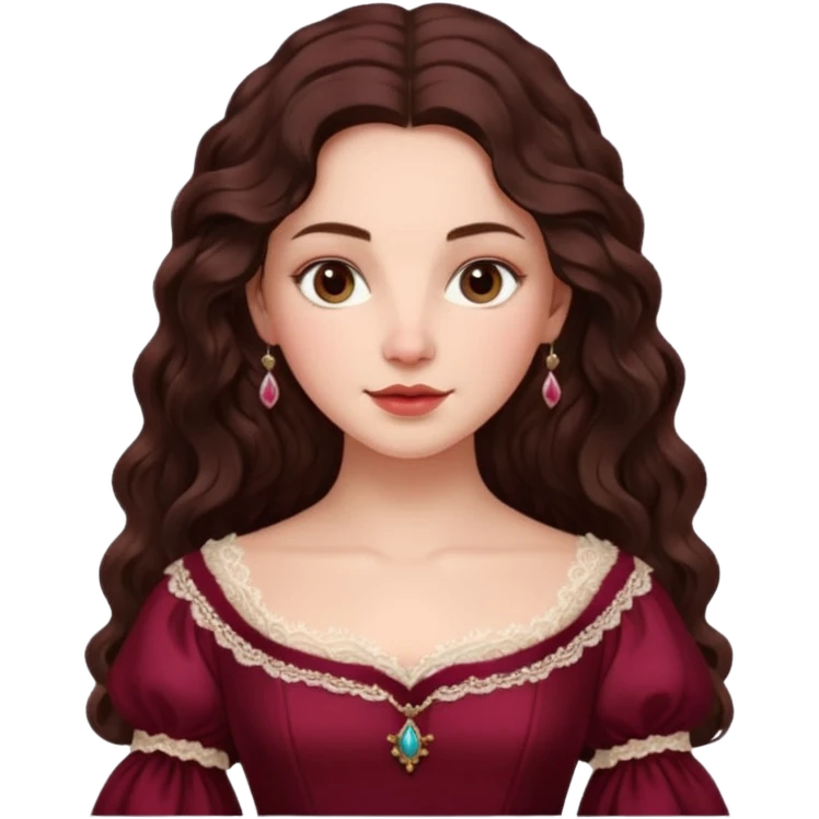 Renaissance lady – long dark brown wavy hair, burgundy gown with lace neckline emoji
