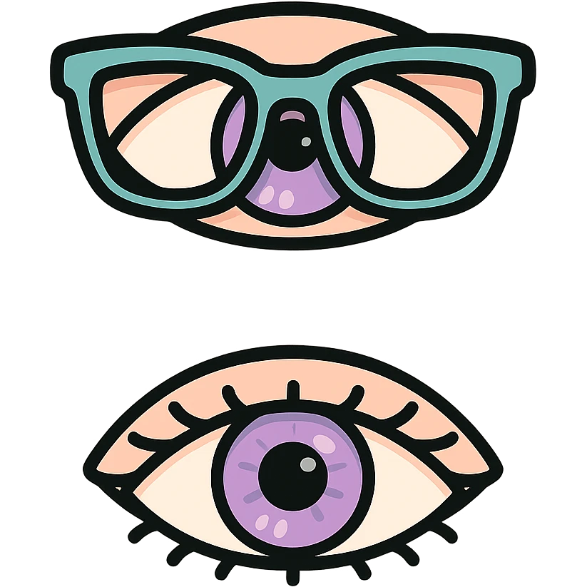 Two pairs of eyes with eyelashes on one canvas: one pair with glasses, the other without glasses. The shape and style of the eyes are anatomically realistic, almond-shaped, with detailed iris and eyelashes as in the reference. Maintain the icon-color-outlined style with vector look, shadows and highlights, thin clean contours, soft rounded features, pastel palette #98B5BC #B5B3C1 #C9A3C9 #E4C0CA #F7DCD1 #F7C0AA, Japanese pop-art, sticker style, transparent background. emoji